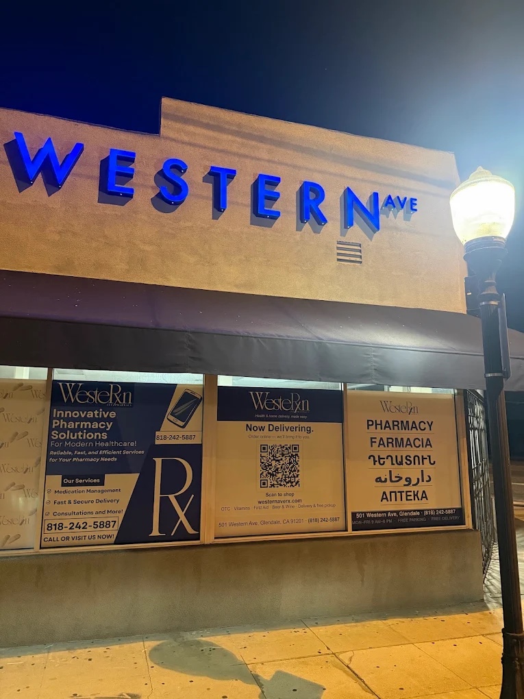 Western Ave Pharmacy storefront at night — 501 Western Ave, Glendale